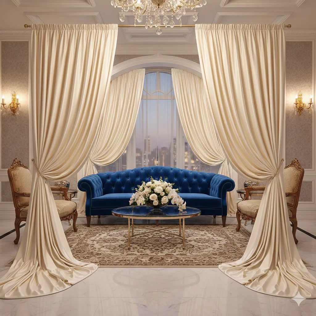 Luxurious flowing drapes in elegant living room setting
